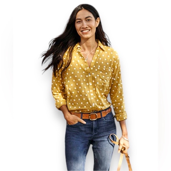 J. Jill Relaxed One Pocket Shirt Yellow with White Polka Dots Size Large - Picture 6 of 7
